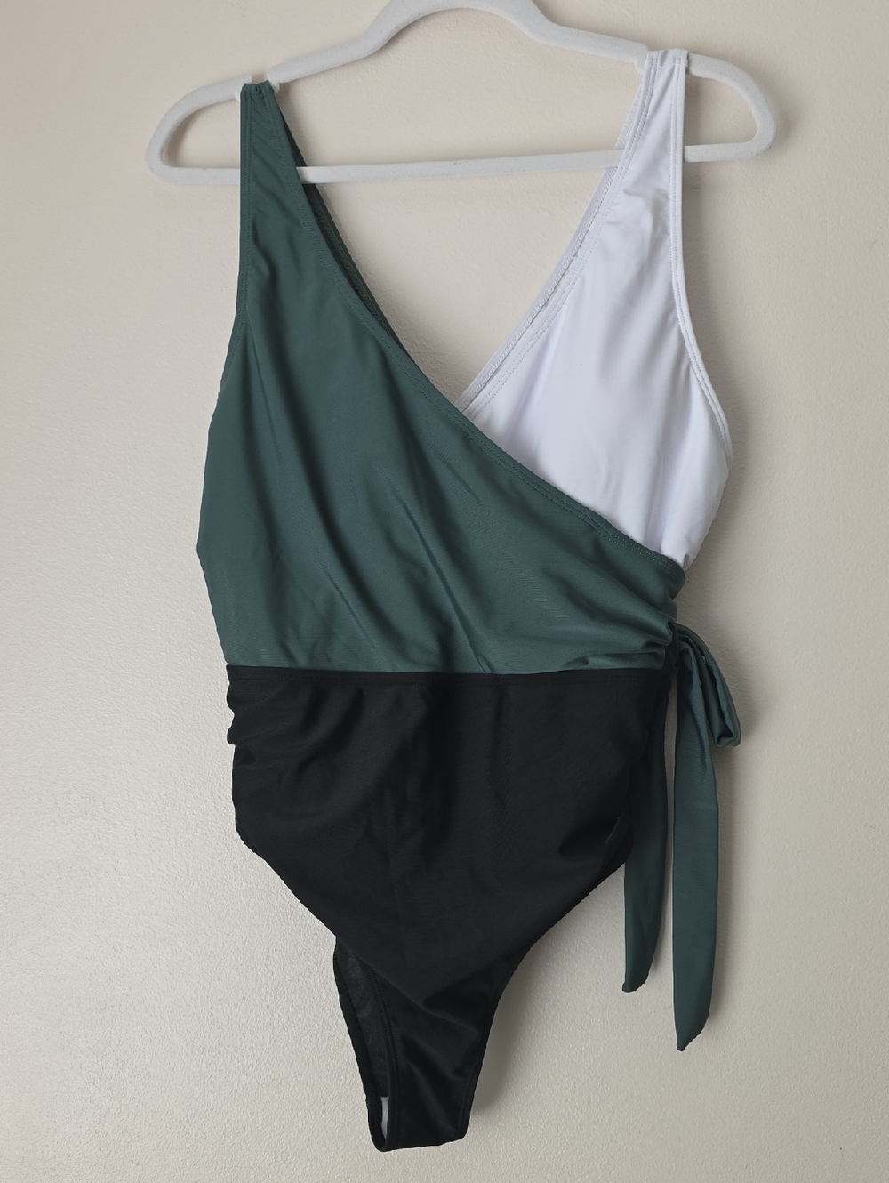 White, Green and Black One-Shoulder Swimsuit